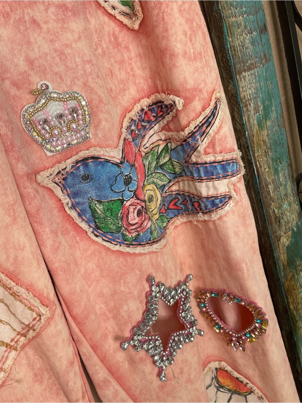 Embellished Pink Straight-Leg Patchwork Pants - Picture 4 of 5